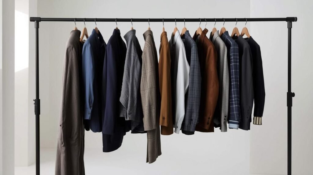 A collection of suits on a suit rack